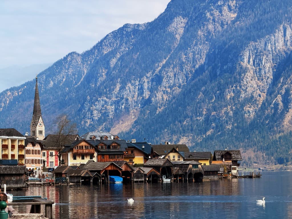 Hallstatt lakefront with swans and alpine houses
