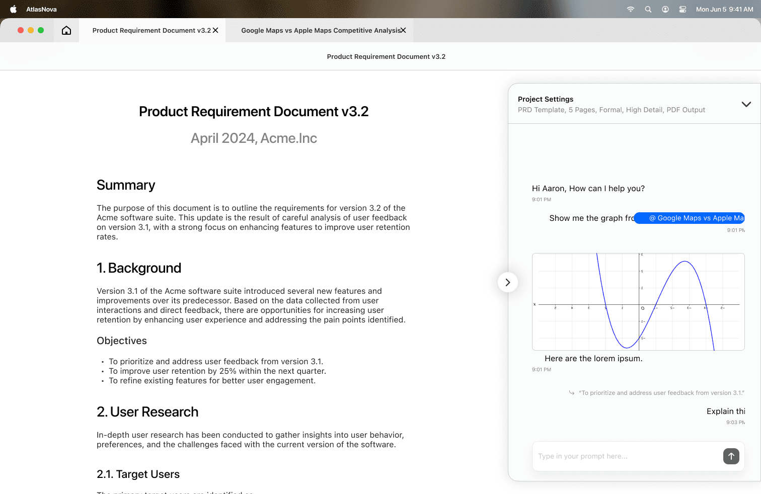 AtlasNova split-pane workspace — PRD document with chat, @mentions, and project settings