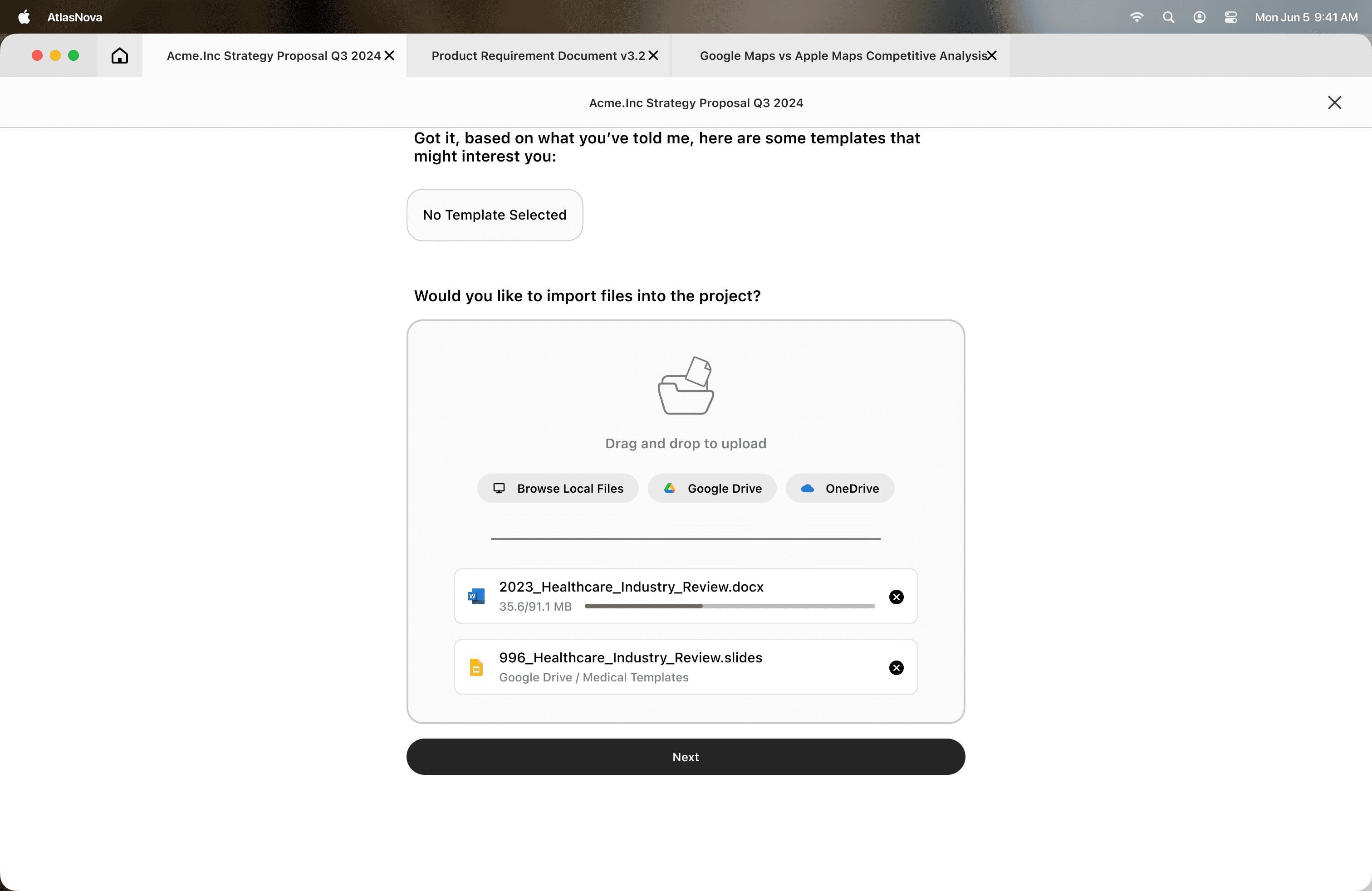 AtlasNova file import — drag-and-drop upload with Google Drive and OneDrive