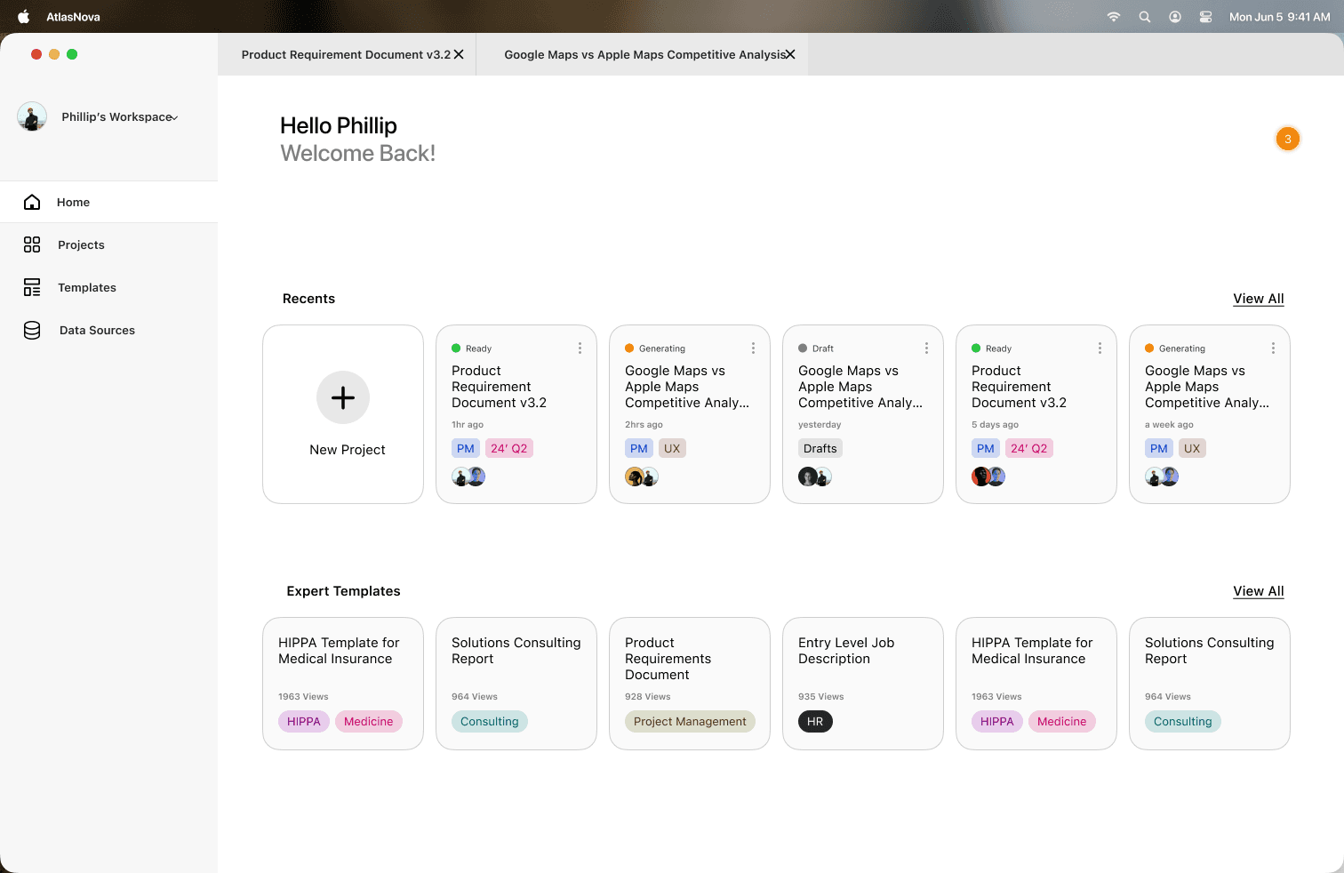 AtlasNova home dashboard — recents, expert templates, and workspace sidebar