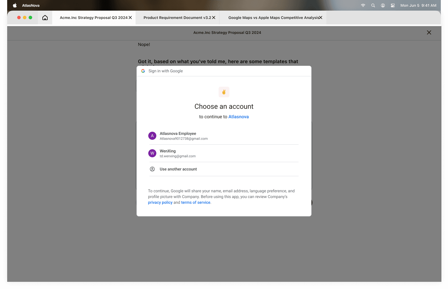 AtlasNova Gmail connect — Google OAuth sign-in modal over split-pane workspace with open document tabs