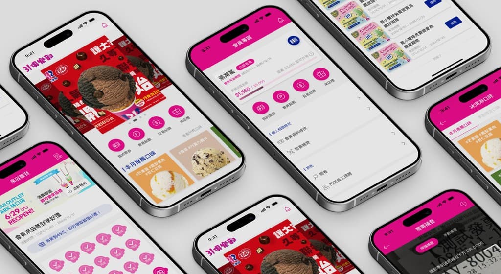 BR31 membership app hero: member benefits and digital card on phone in café setting
