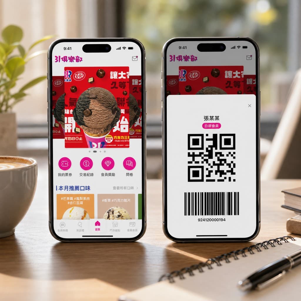 31 Club app in context at a Baskin-Robbins counter — barcode ready for POS scan