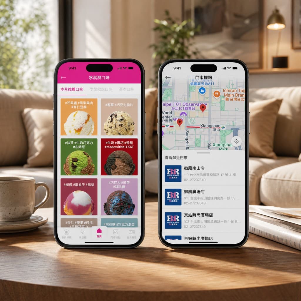 31 Club app mockup — flavors catalog and store locator on two phones