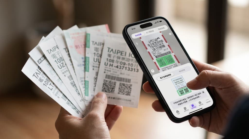 Hands holding Taiwan uniform paper invoices beside a phone displaying the scanned digital receipt in the e-invoice app