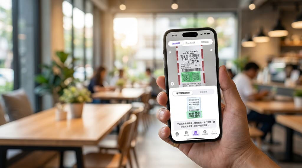 Hand holding a phone in a bright café: e-invoice app shows paper receipt scanning with QR codes and tab navigation
