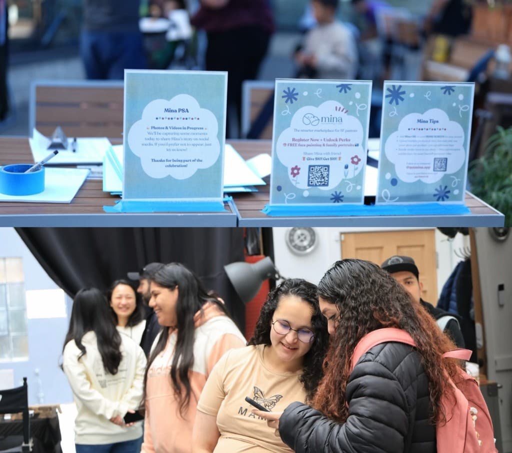 MINA IRL event: tabletop signage with PSA, register QR and perks, and tips; parents trying the app together