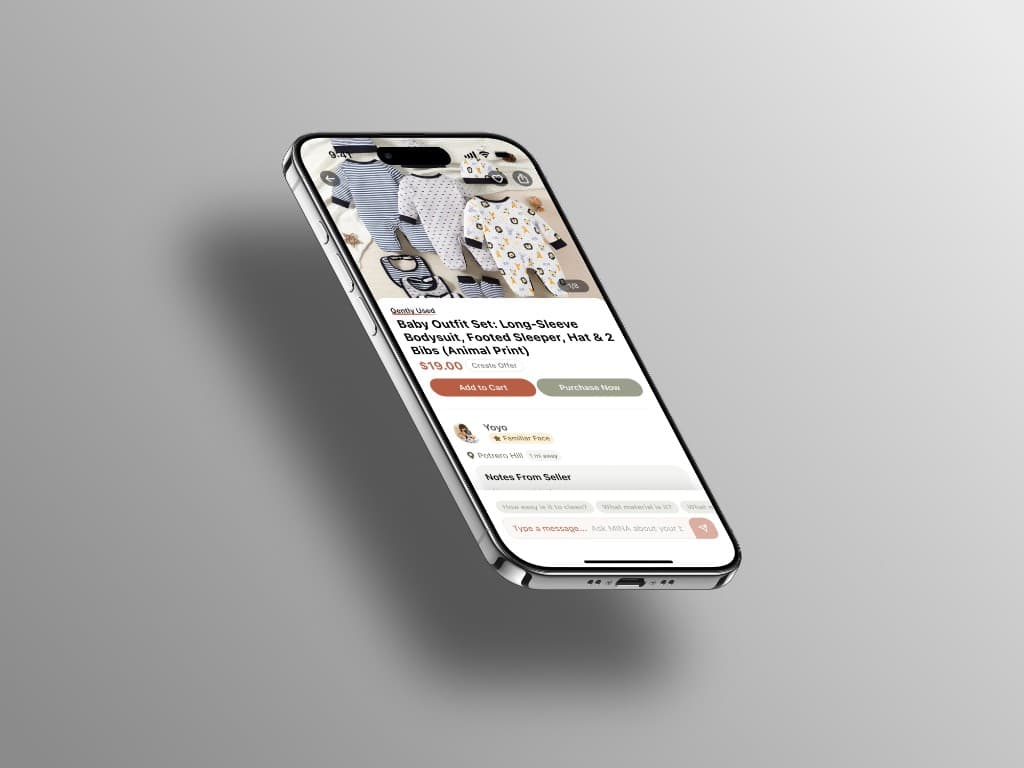 MINA listing detail shown in an isometric iPhone mockup