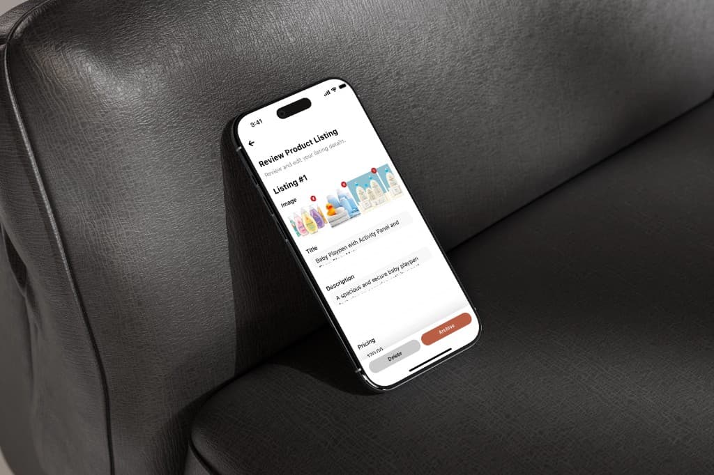 MINA review listing screen shown on iPhone mockup on a leather sofa