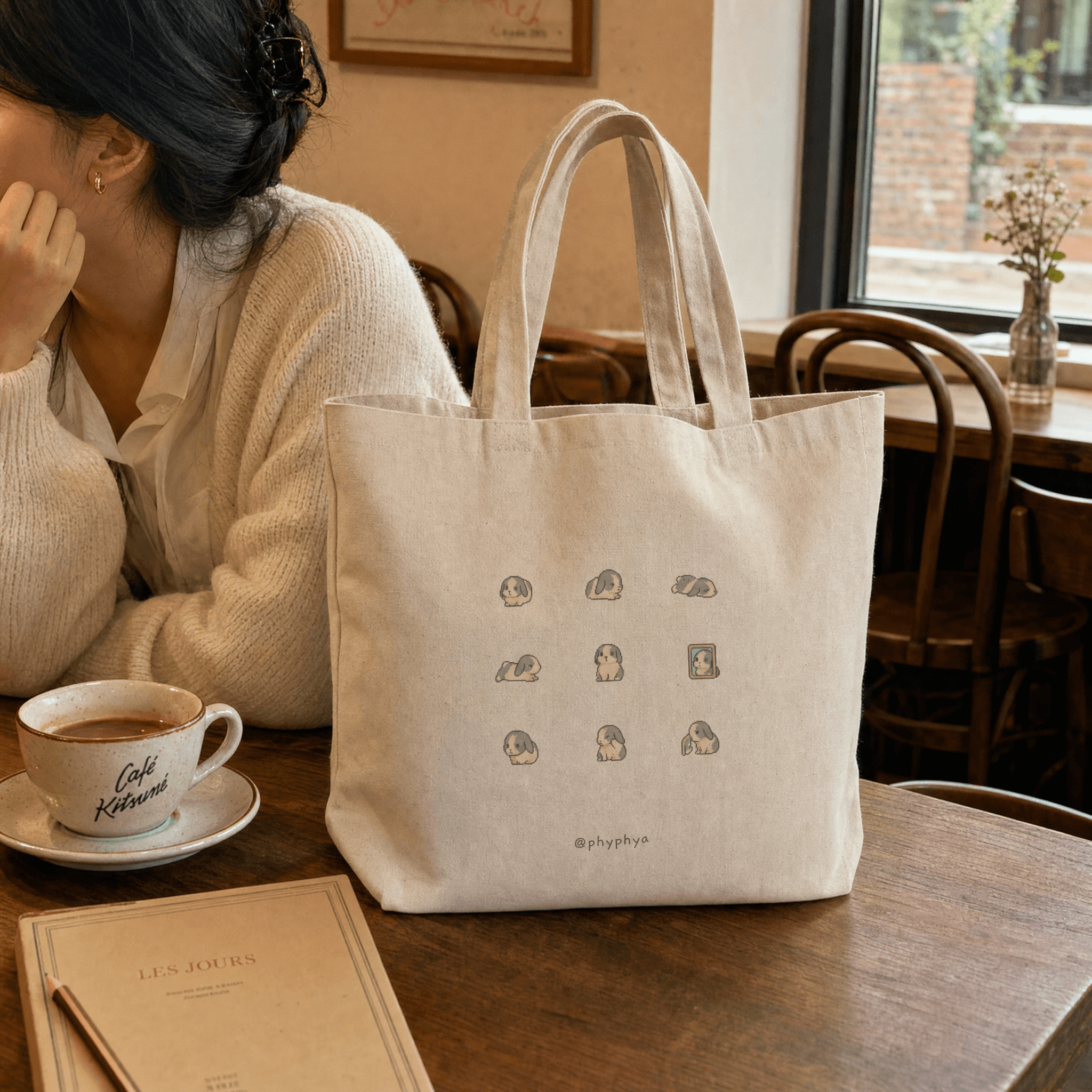 Haphy Living canvas tote with a grid of bunny illustrations, styled at a café table