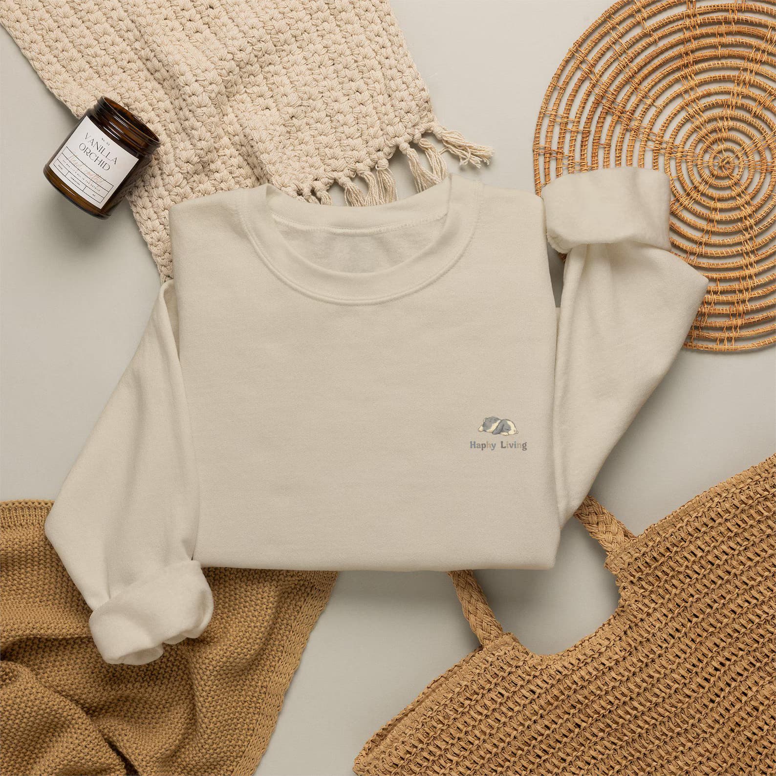 Haphy Living product photography—illustrated bunny merchandise