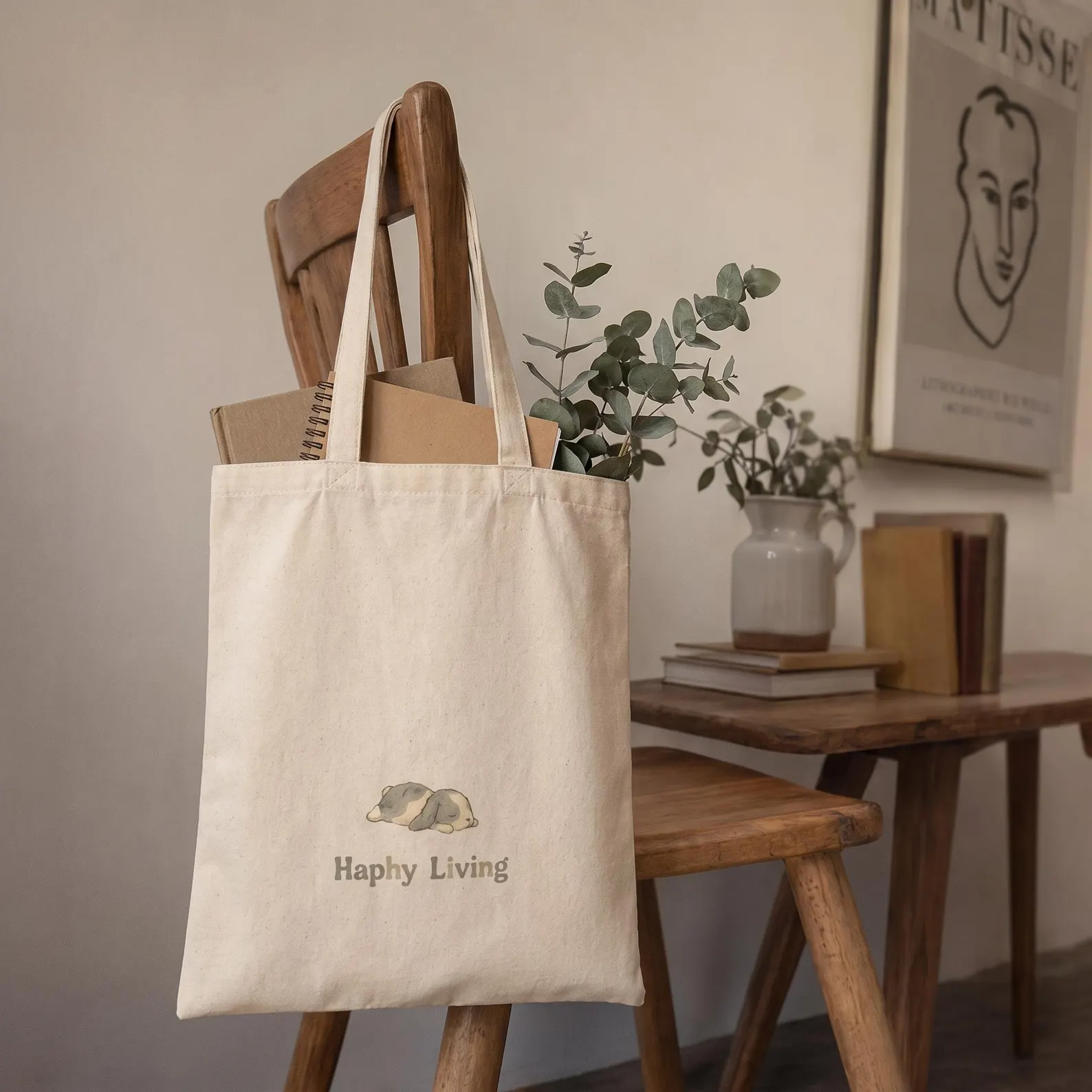 Haphy Living illustrated bunny product on a cozy desk setup