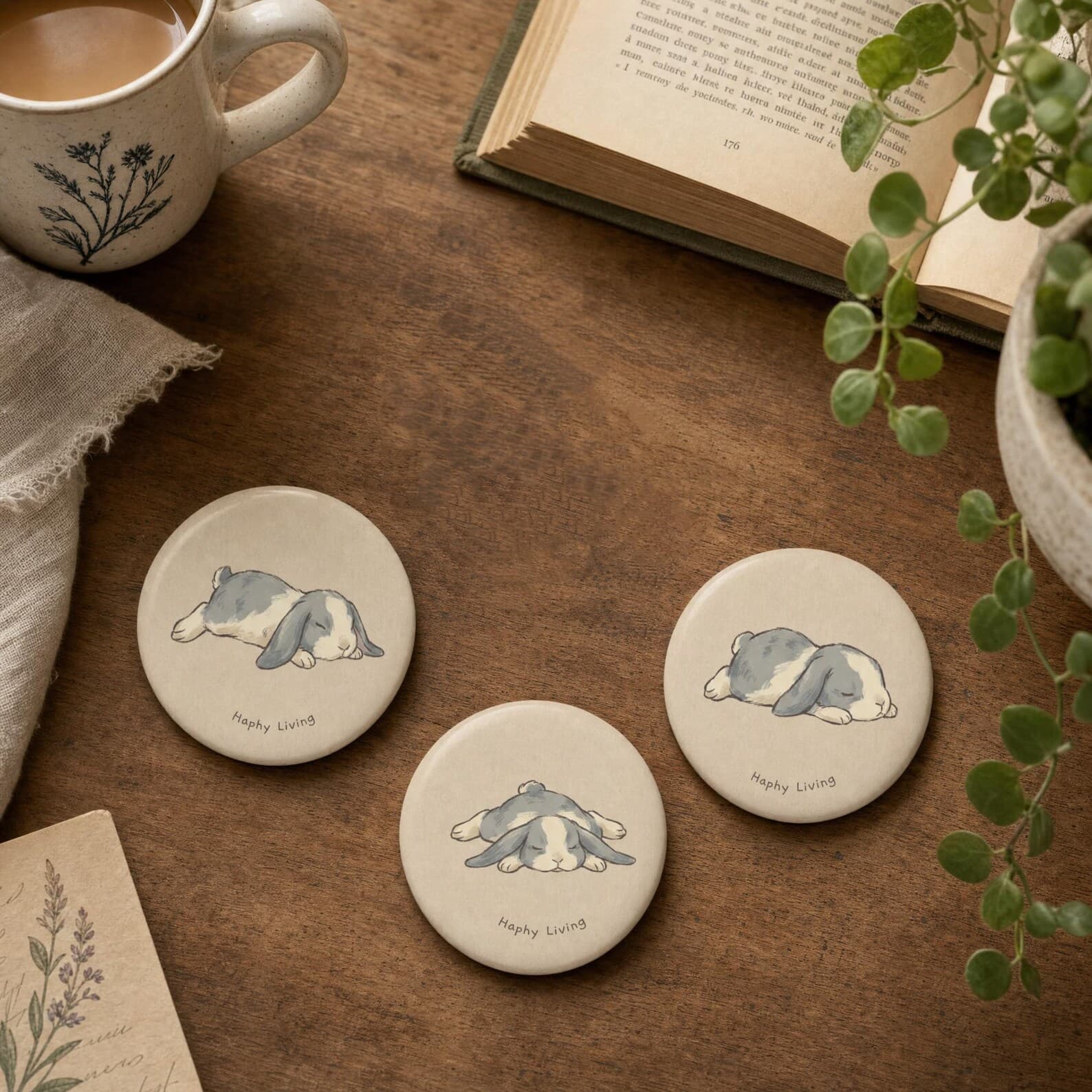 Haphy Living enamel pins with sleeping bunny illustrations on a wooden table