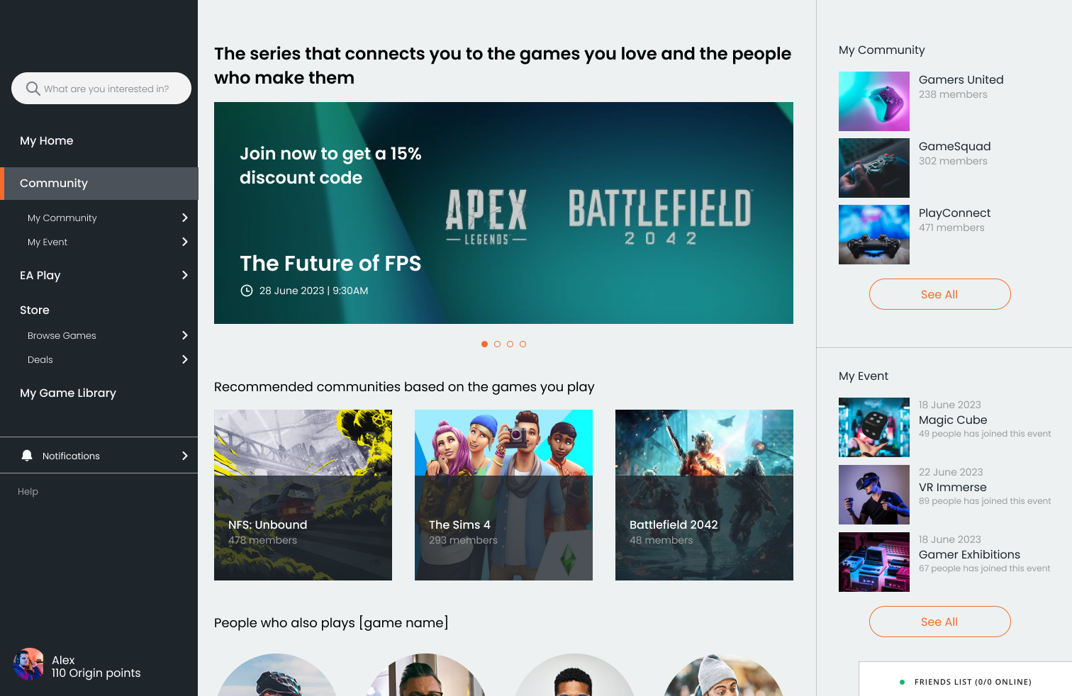Community hub wireframe — game-based recommendations, hero carousel, and sidebar for My Community and My Event