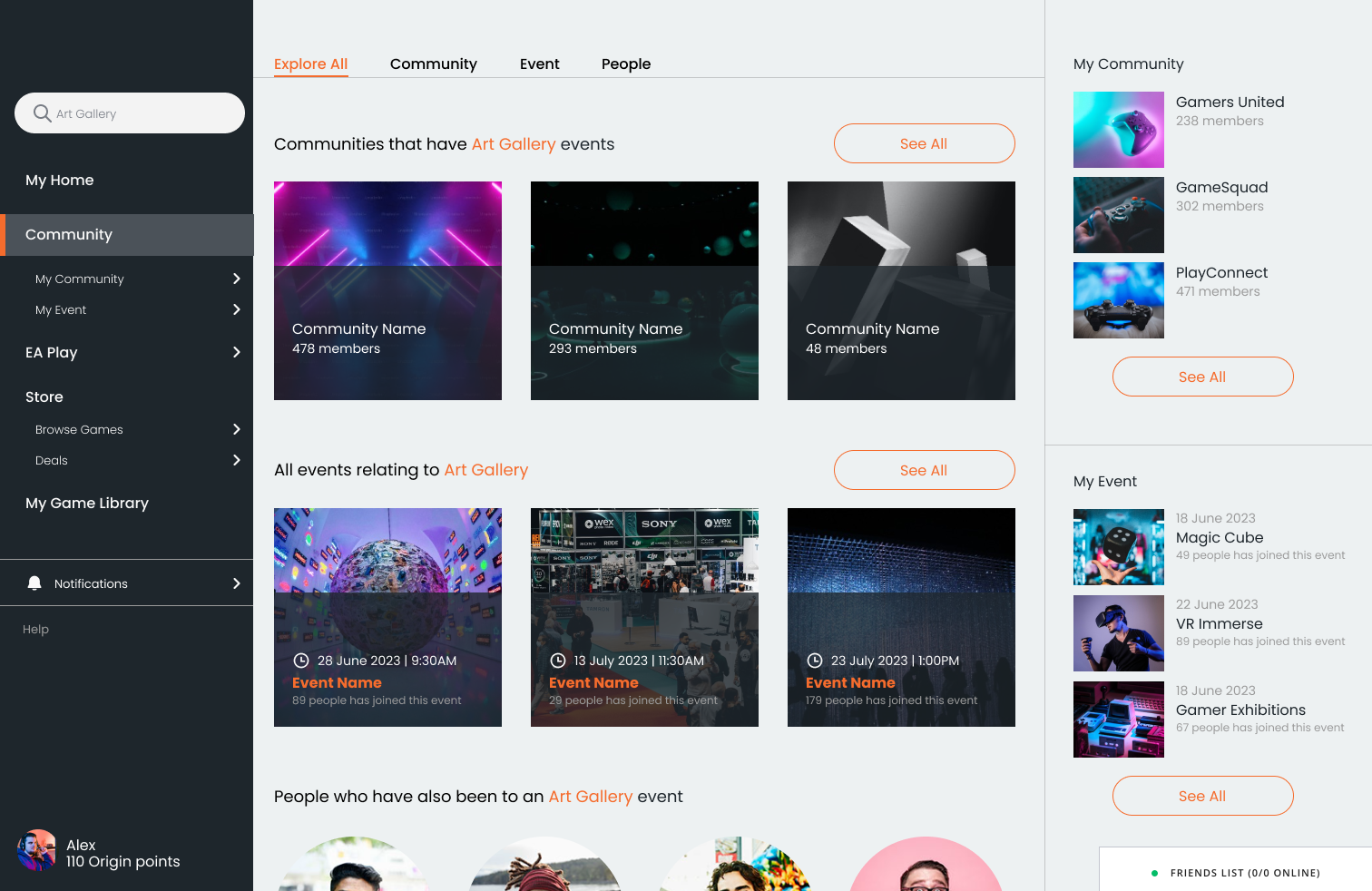 Community search wireframe — Art Gallery keyword surfaces matching communities, events, and people