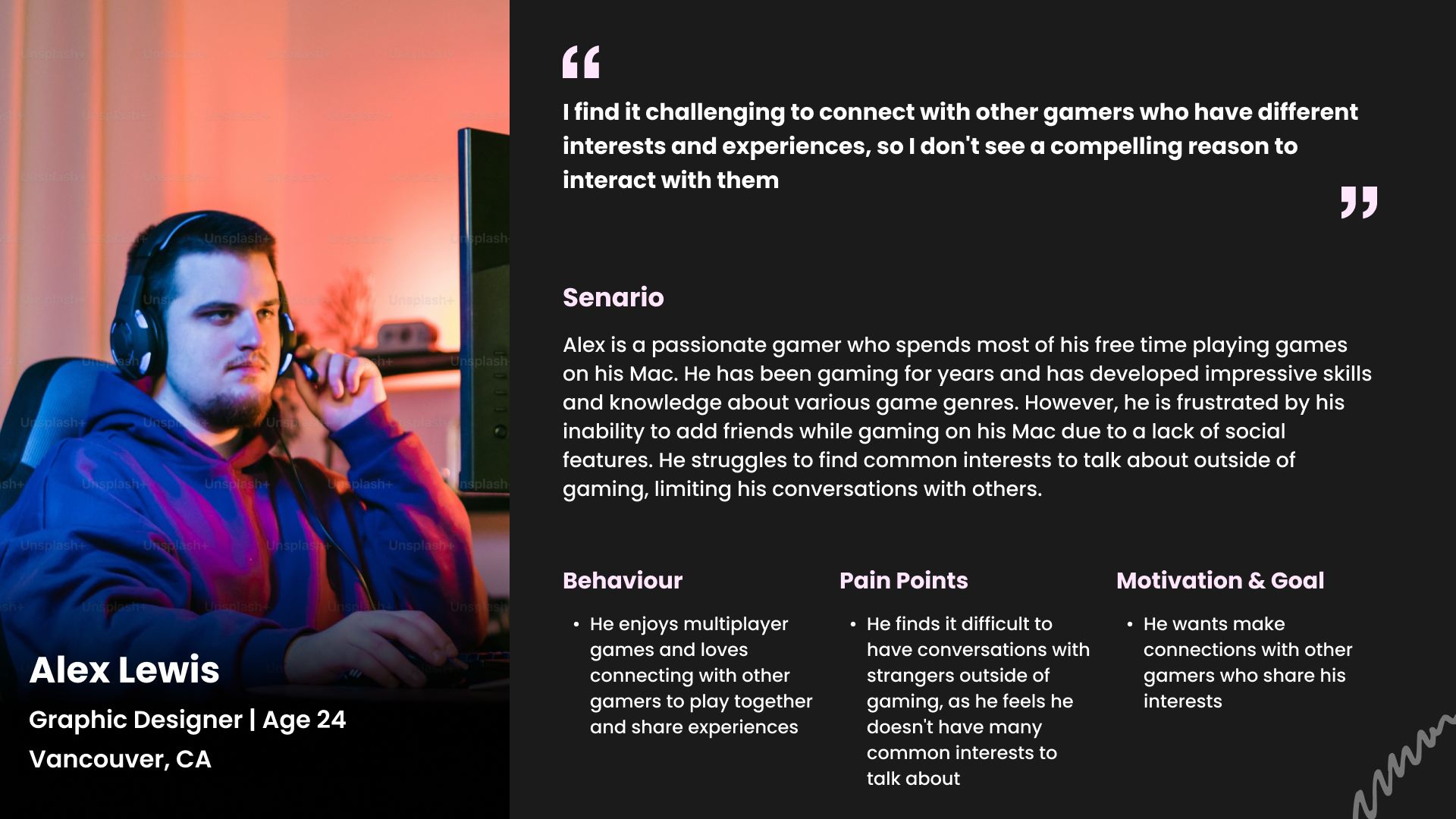 Alex Lewis persona — graphic designer, age 24, Vancouver, with quote and behaviour / pain / motivation
