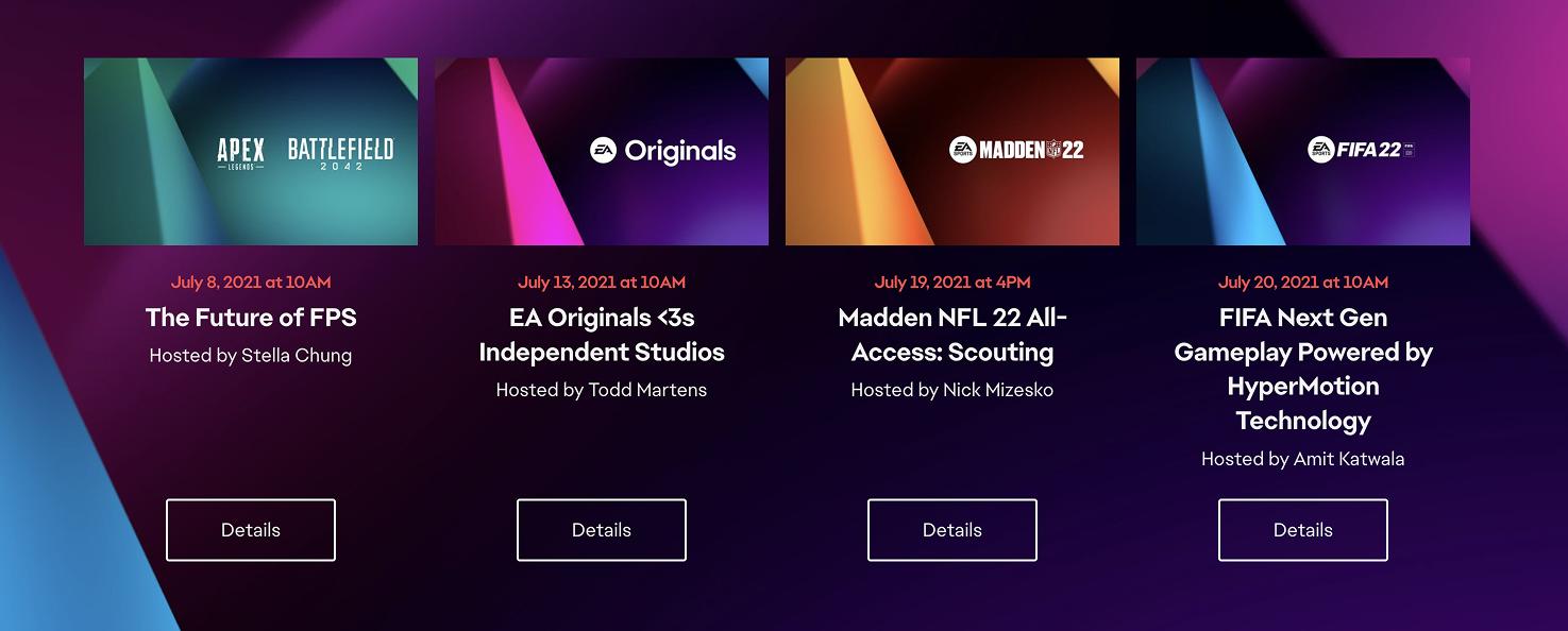 Event discovery wireframe — row of event cards with date, title, host, and Details CTA