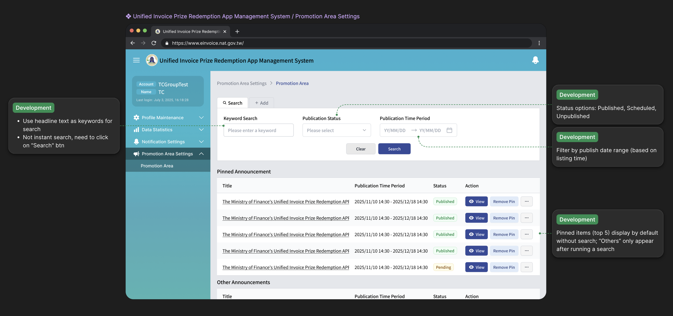Annotated diagram: backend notification rules and corresponding in-app notification surfaces
