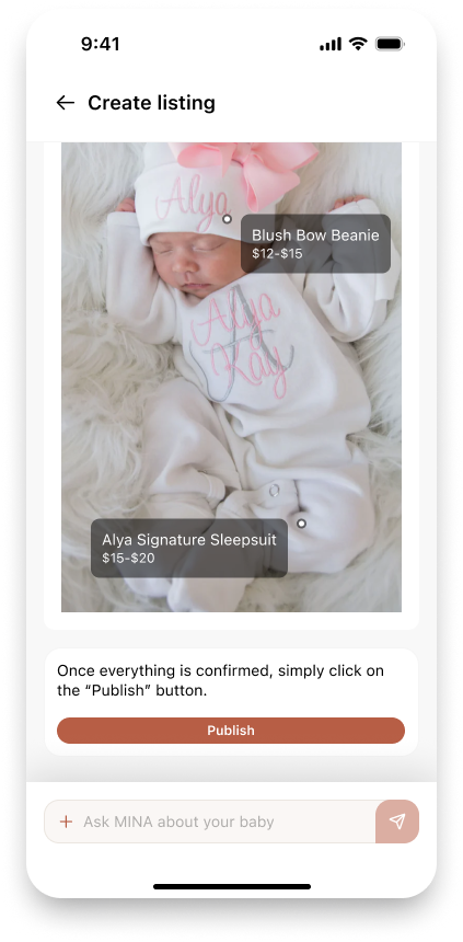 MINA Create listing: one photo with AI tags for Blush Bow Beanie and Alya Signature Sleepsuit, Publish button, and Ask MINA chat field
