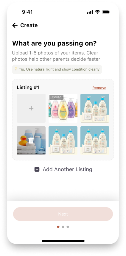 MINA Create workaround: Listing #1 with multi-photo grid, cover tag, remove controls, Add Another Listing, and Next