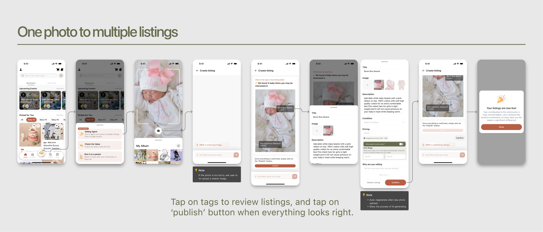 MINA Selling Agent: create-listing flows—photo-first single listing with fields streaming in, and multi-listing path with on-image AI tags, per-item review, and publish