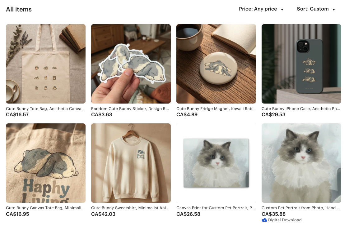 Haphy Living Etsy shop — product grid