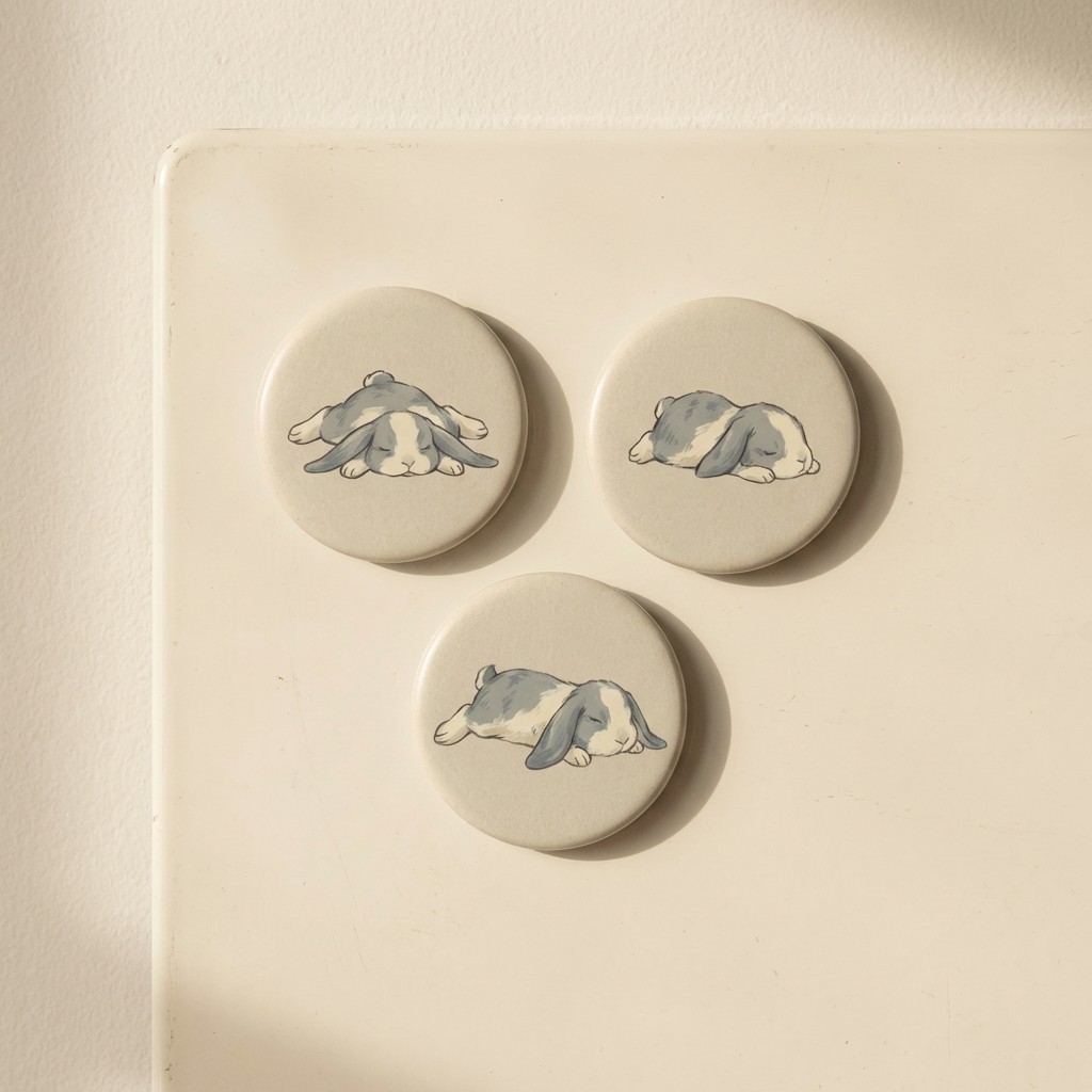 Round bunny magnets on a fridge