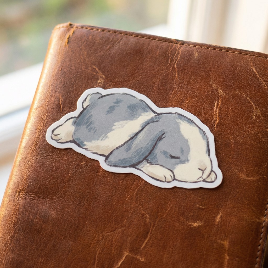 Die-cut bunny sticker on leather journal