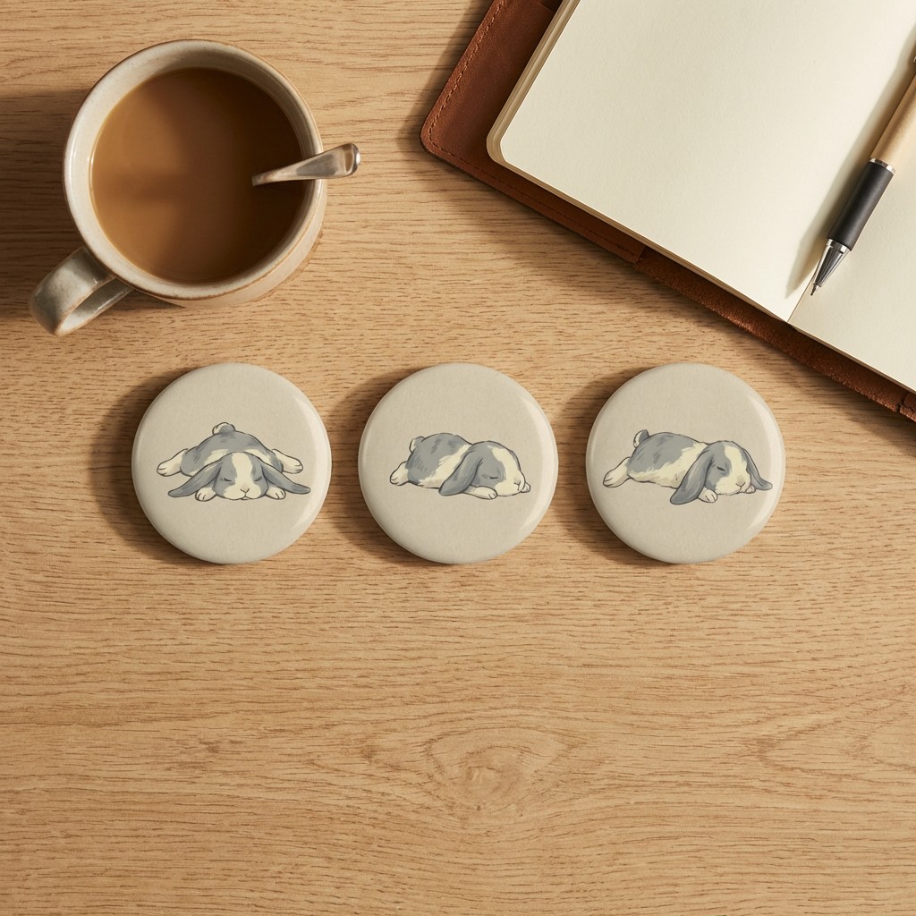 Die-cut bunny stickers flat lay with mug and notebook